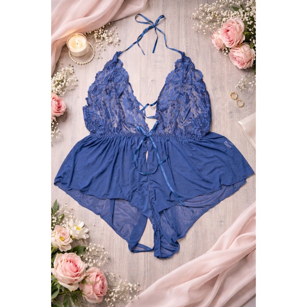 Women’s Blue Lace Teddy Bodysuit One Piece Lingerie Halter Deep V Sheer (364)